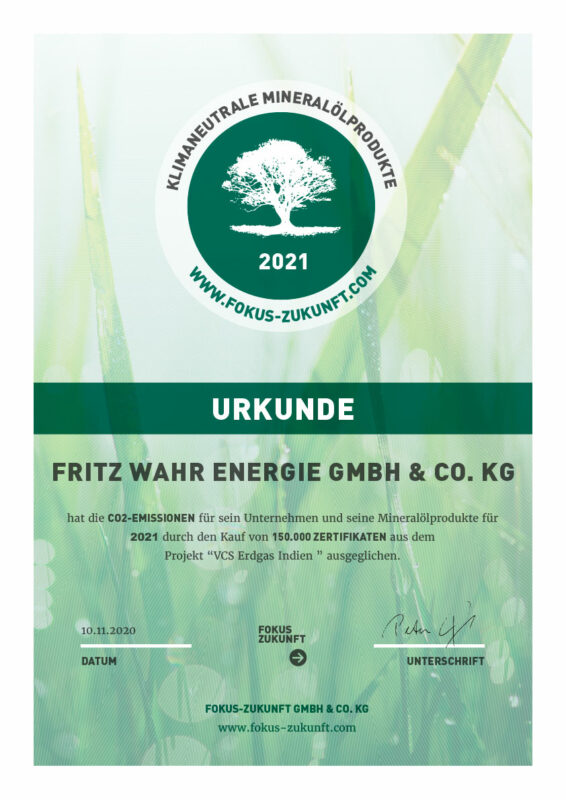 Urkunde für Klimaneutrale Mineralölprodukte für die Fritz Wahr Energie GmbH & Co. KG